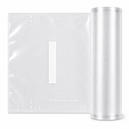 A roll of clear, semi-transparent clear vacuum seal storage bags with a square sample sheet displayed next to it, featuring the Stash Proof brand logo on a clean white background.
