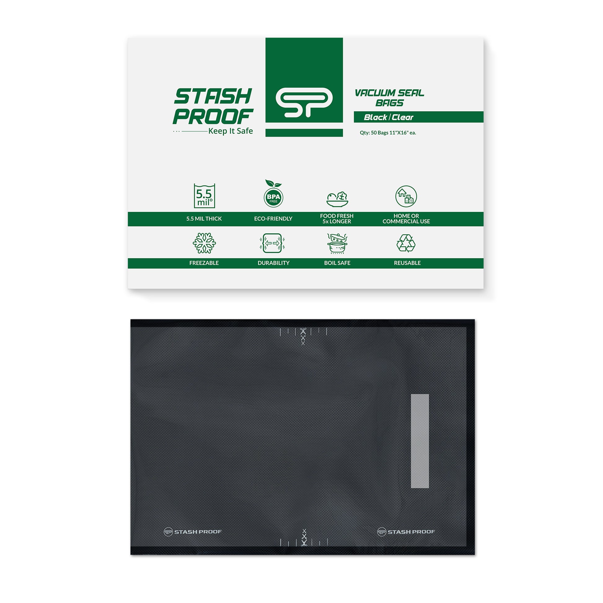 Stash Proof vacuum seal bags with packaging on a white background