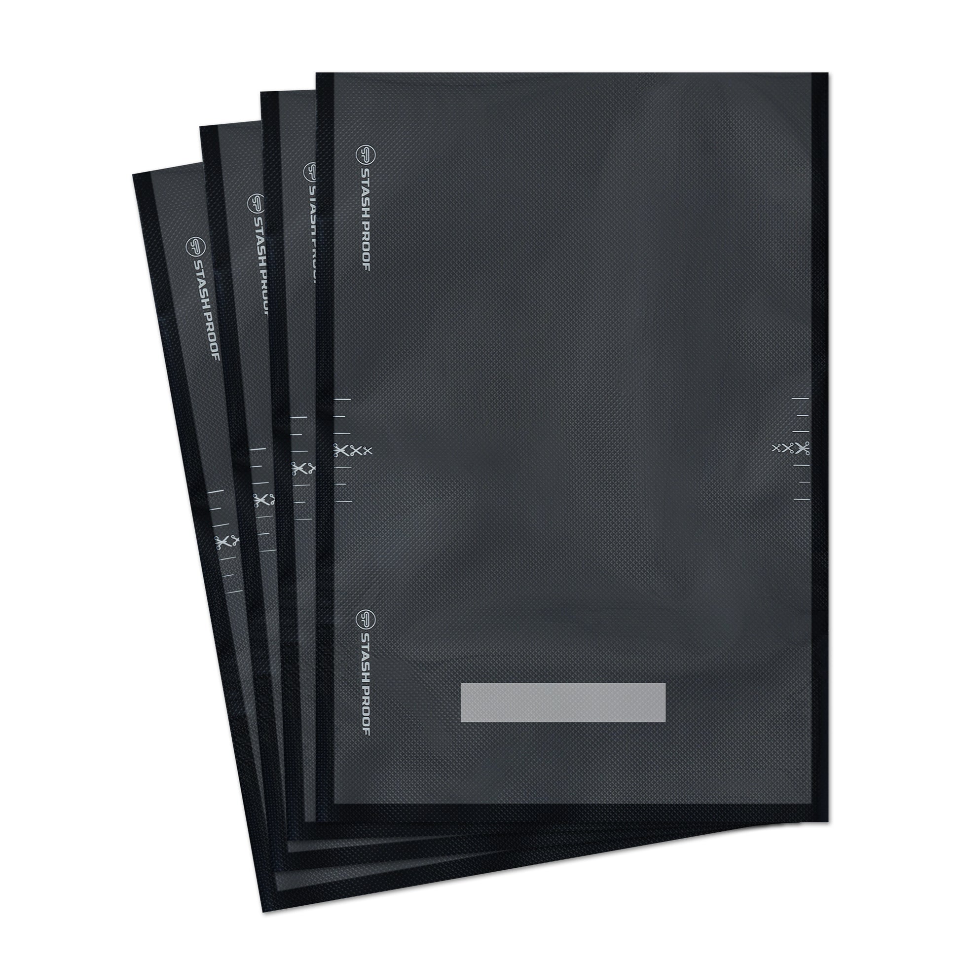 Stash Proof 11 by 16 inch vacuum seal bag showing off cut and measurement marks