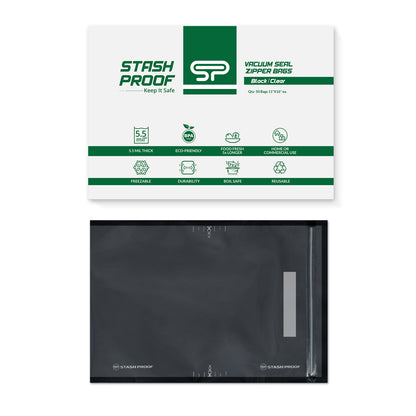 Stash Proof vacuum seal zipper bag packaging with black zipper on a white background