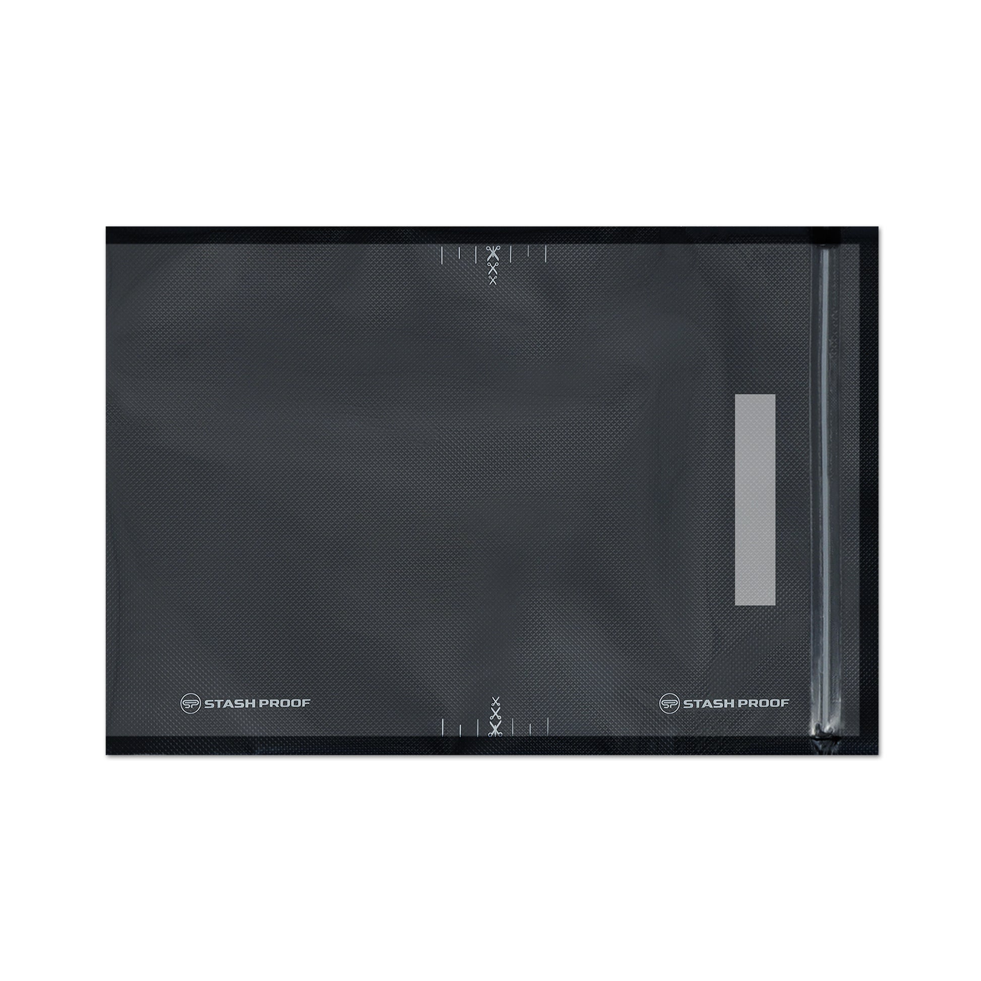 Black and clear zippered vacuum seal bag with 'Stash Proof' branding on a white background