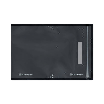 Black and clear zippered vacuum seal bag with 'Stash Proof' branding on a white background