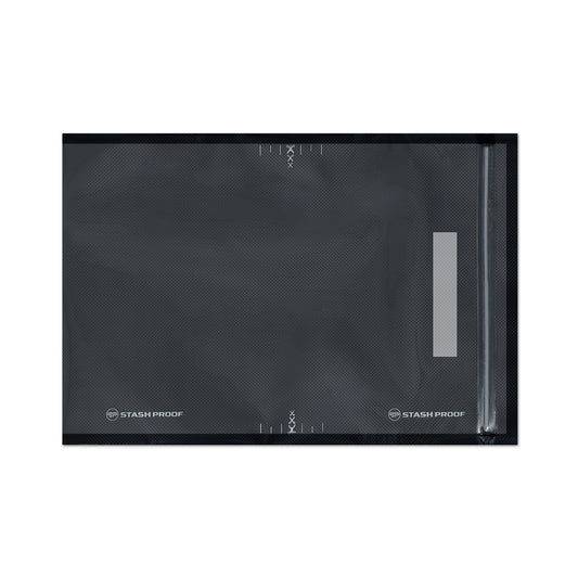 Black and clear zippered vacuum seal bag with 'Stash Proof' branding on a white background