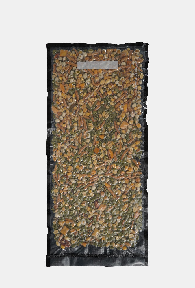 11 inch by 24 inch vacuum seal precut bag with mixed nuts and snacks