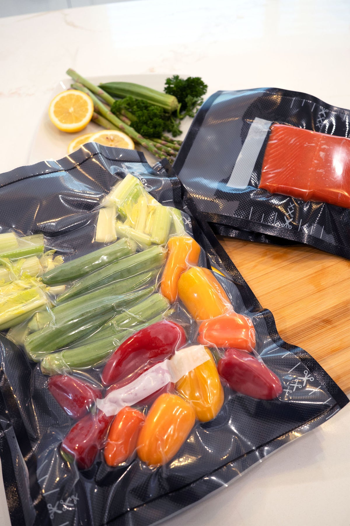 Vacuum-sealed food in a Stash Proof 5.5 mil precut vacuum seal bag