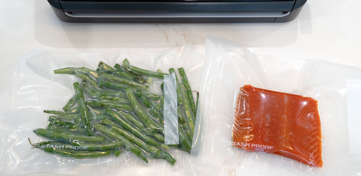 Vacuum-sealed food in a Stash Proof 5.5 mil precut vacuum seal bag