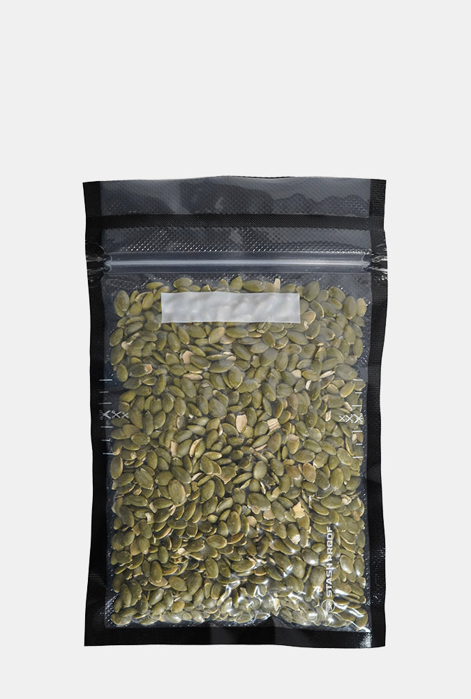 7 by 11 inch vacuum seal storage bag mix of pumpkin seed on a white background