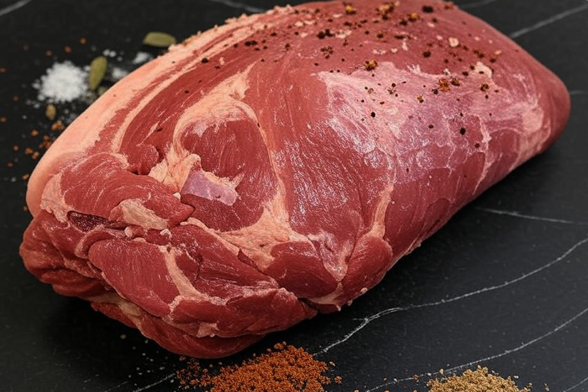 Raw pork shoulder on a black surface with spices