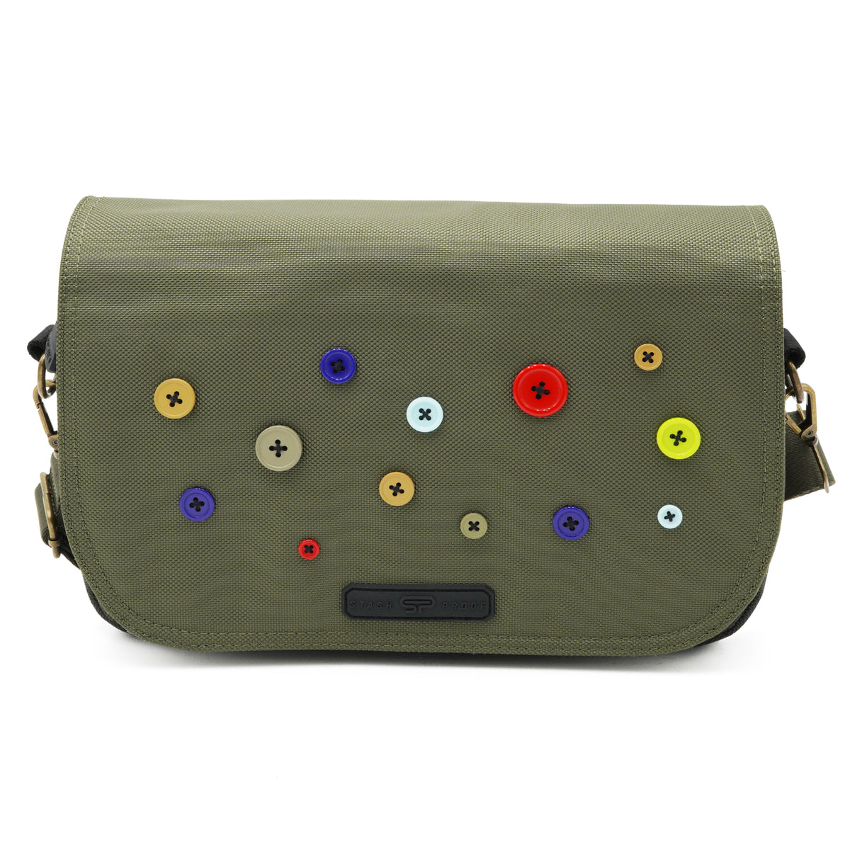 Green and gray Button Bag crossbody with colorful signature button accents