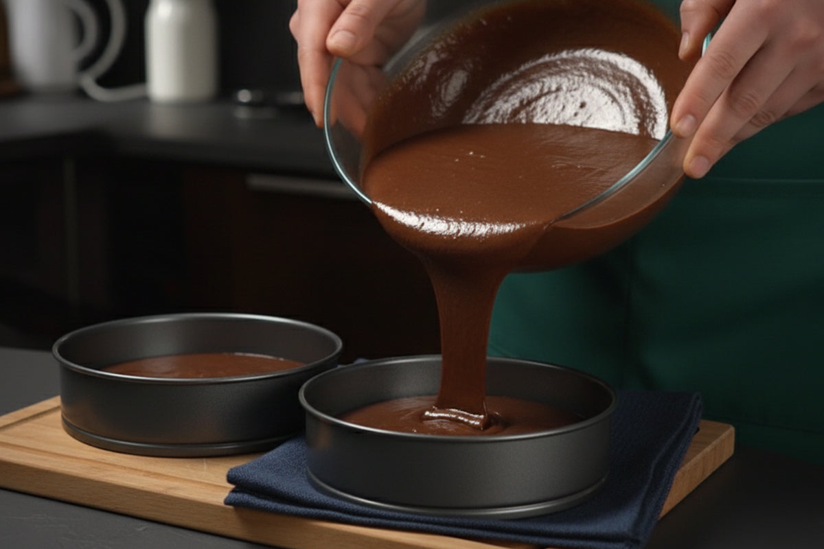 Chocolate batter being poured into two round baking pans on a wooden board.