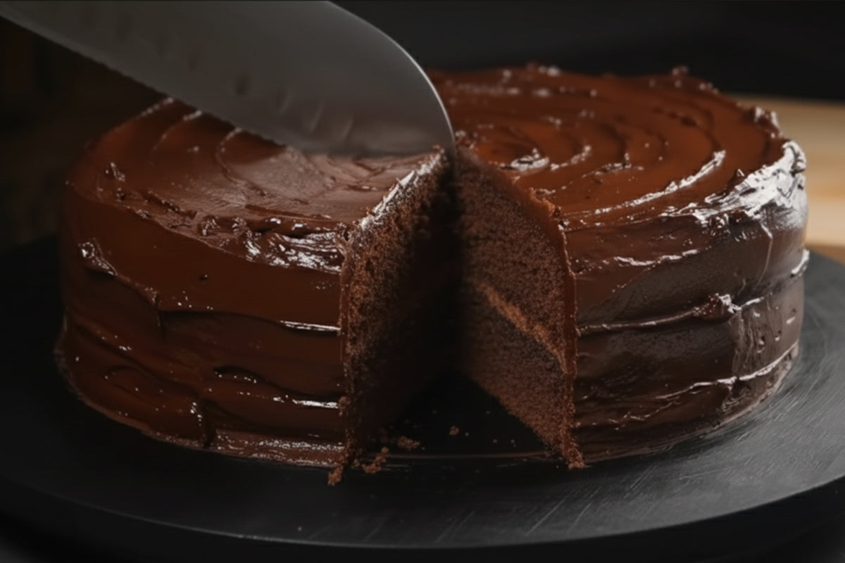 Chocolate cake with a slice cut out on a dark surface