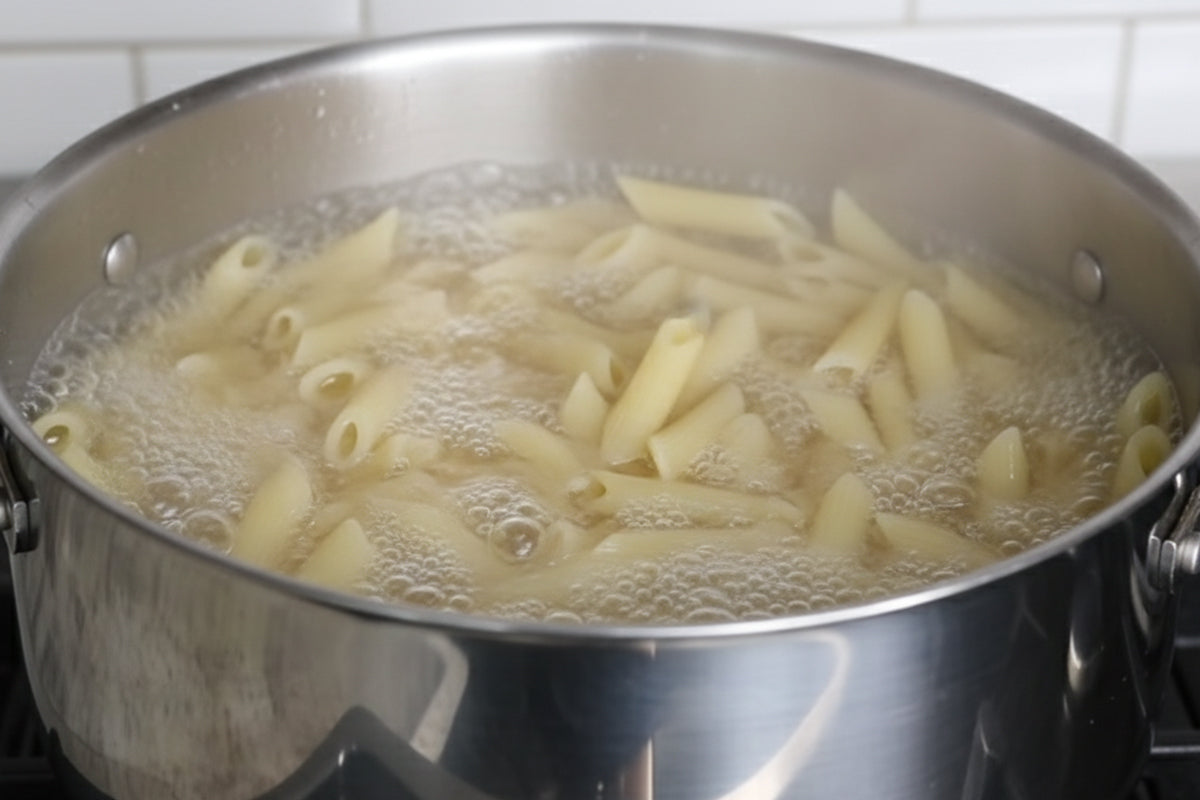 Pasta boiling in a pot on a stove