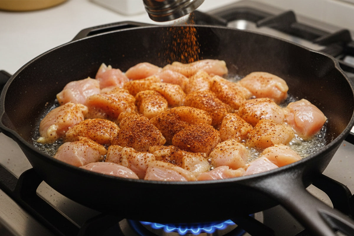 Chicken being seasoned and cooked in a frying pan on a stove.