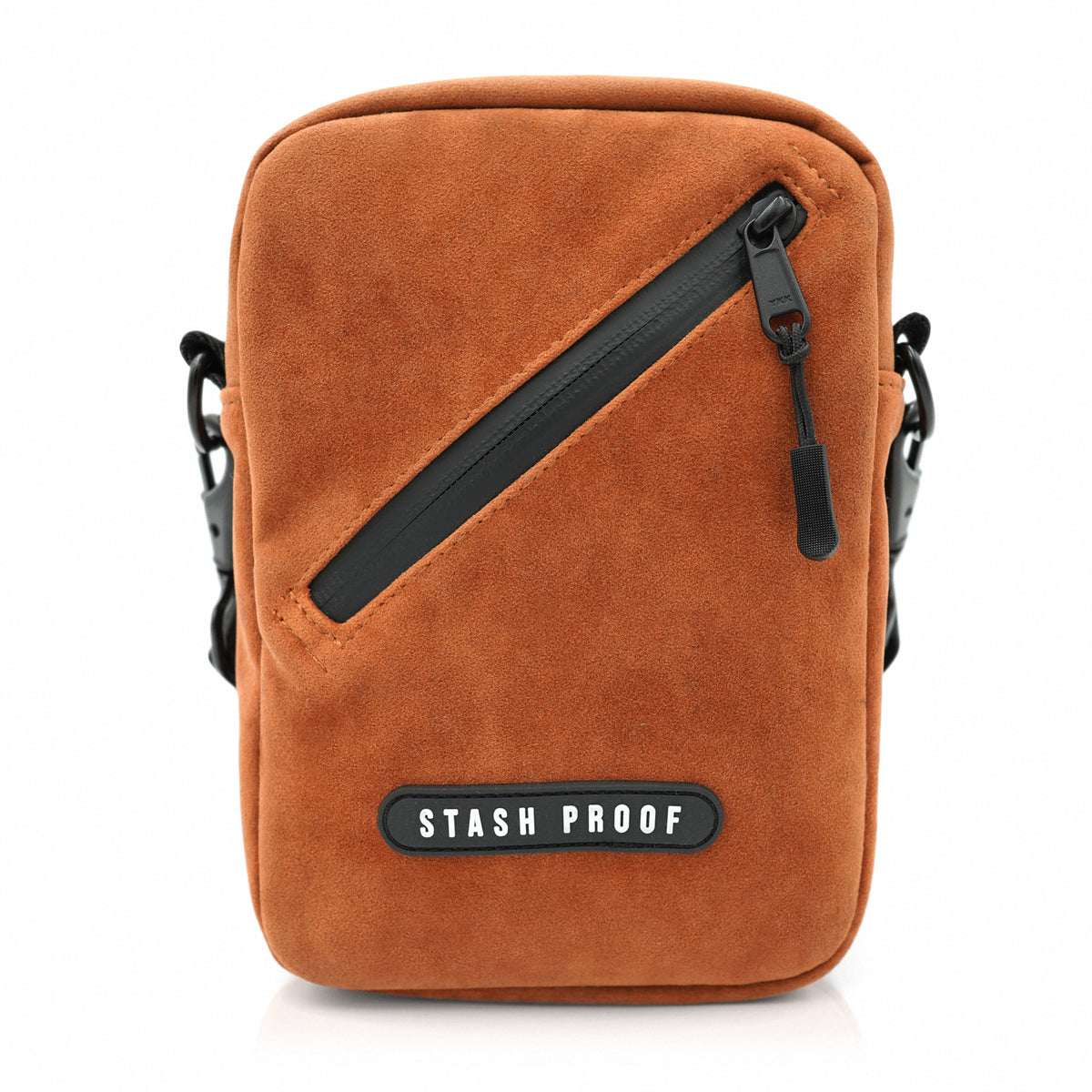 Brown suede Stash Bag shown from the front with adjustable shoulder strap hardware