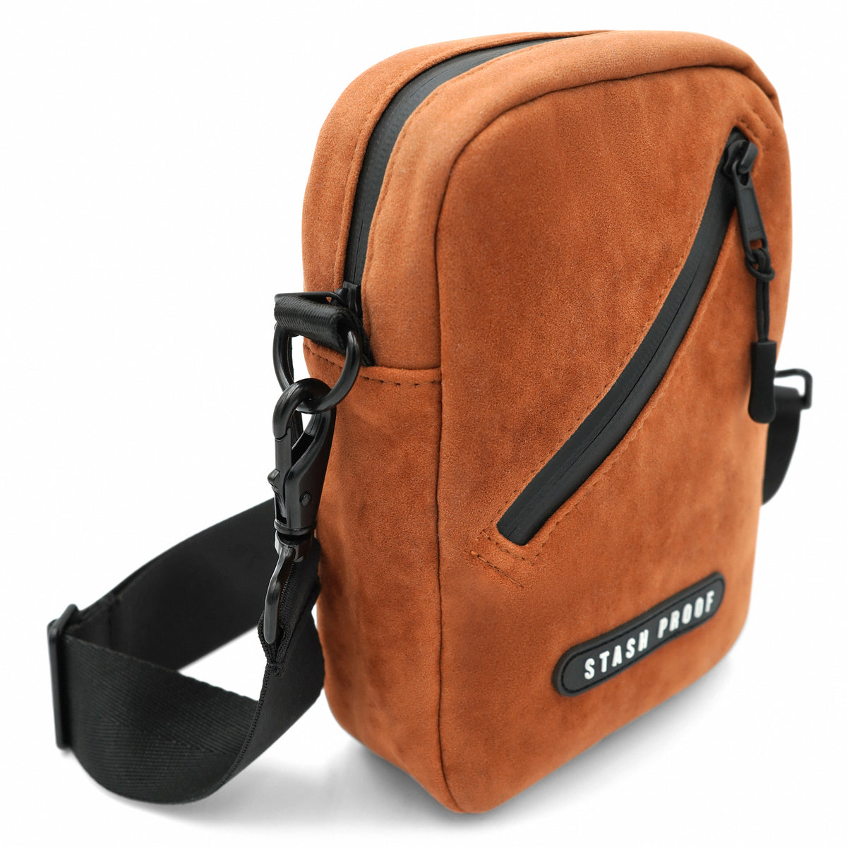 Back of the brown suede Stash Bag showing integrated belt loops and compact construction