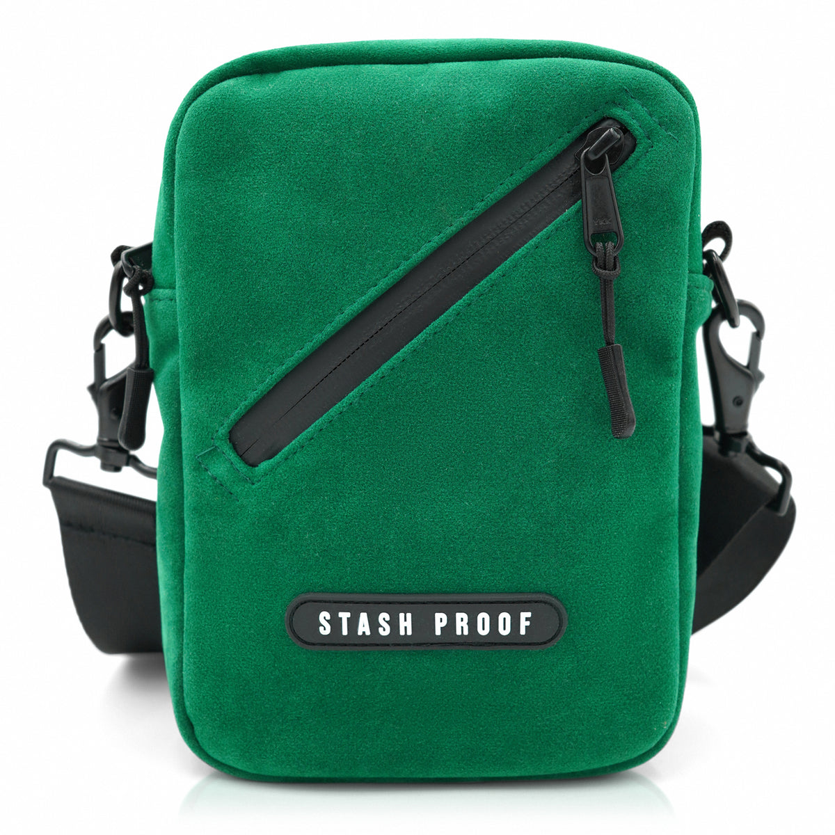 Green suede Stash Bag shown from the front with adjustable shoulder strap hardware