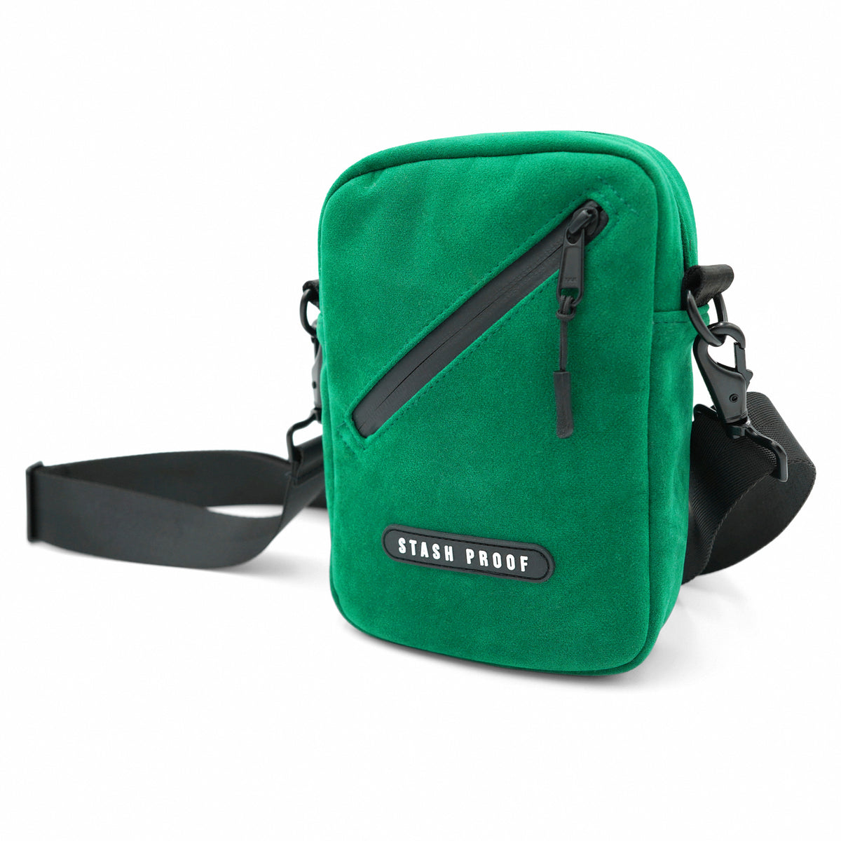Back of the green suede Stash Bag showing integrated belt loops and compact construction