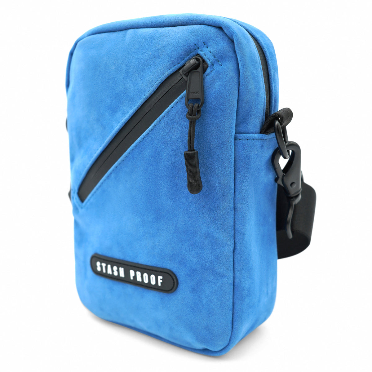 Back of the blue suede Stash Bag showing integrated belt loops and compact construction