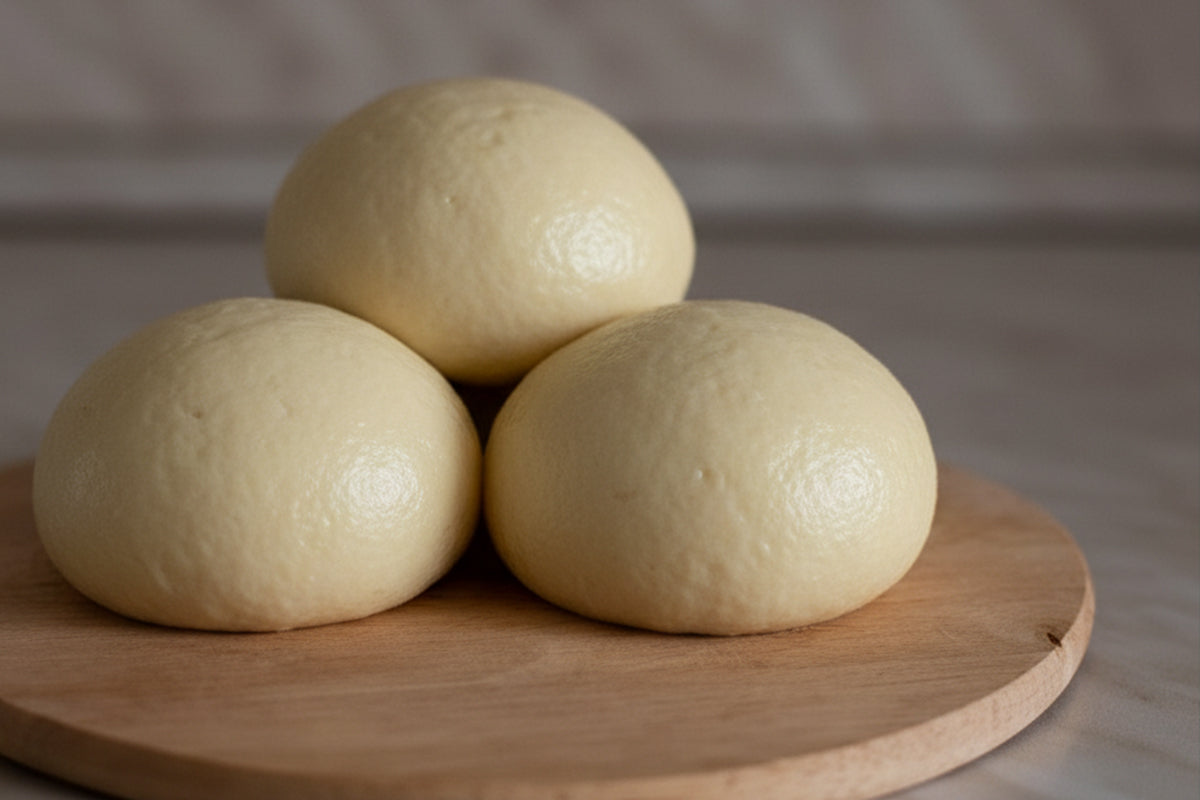 Three balls of fufu on a wooden board with a neutral background