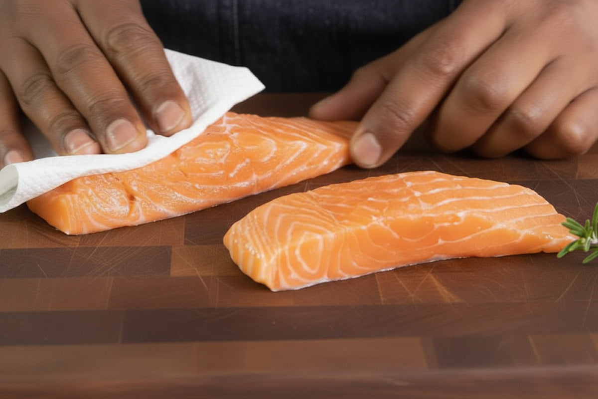 Man cutting and drying raw salmon on dark brown cutting board