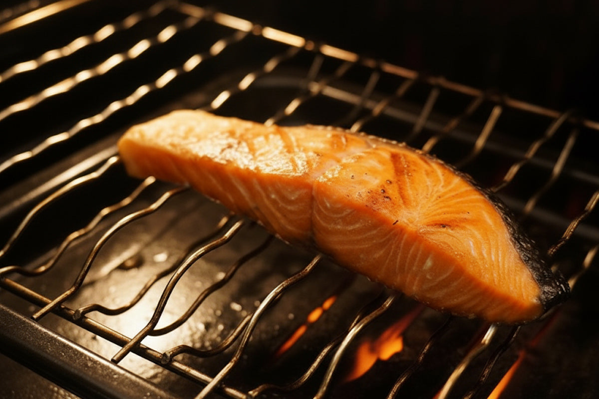 Grilled salmon fillet on a oven grill with flames below
