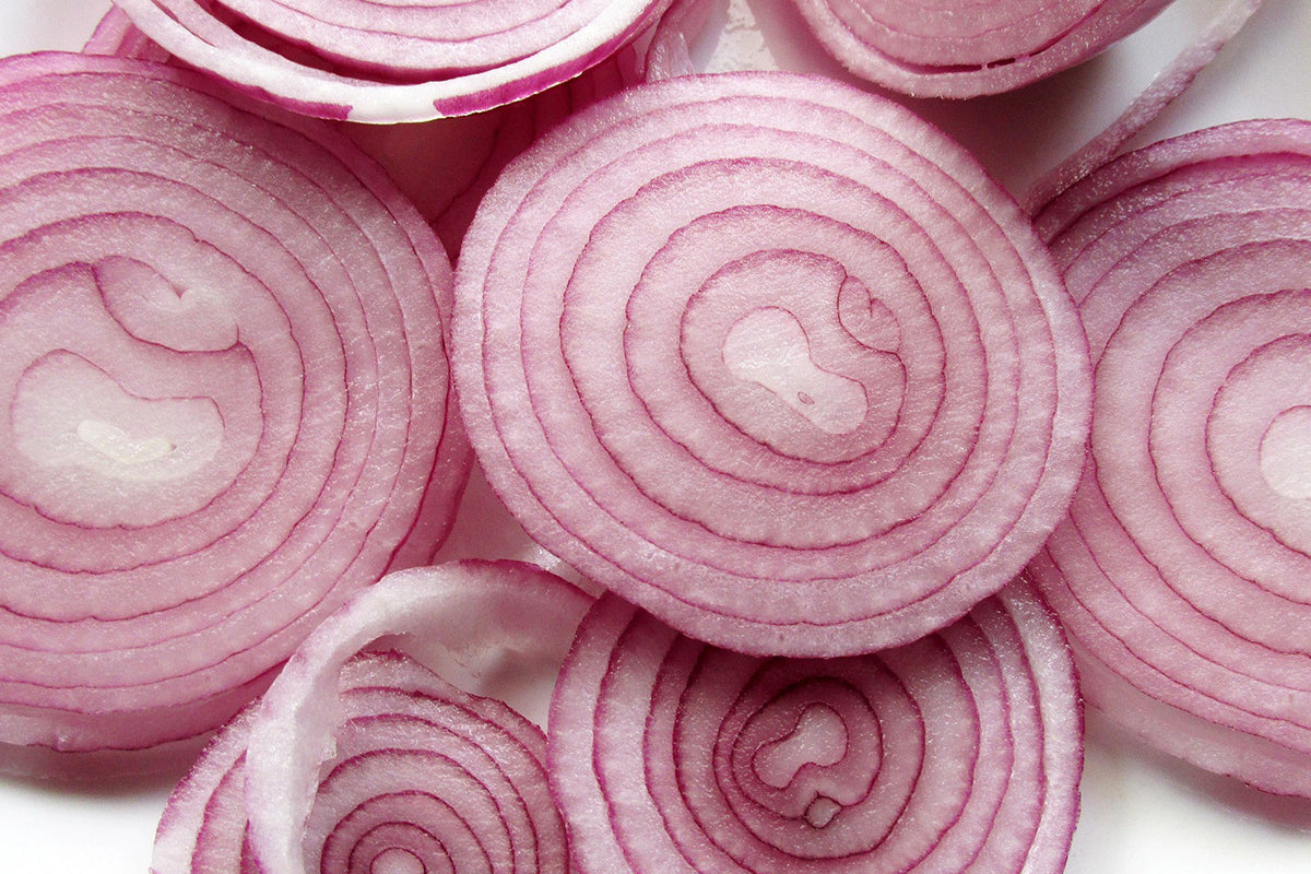 Close-up of sliced red onions on a white background