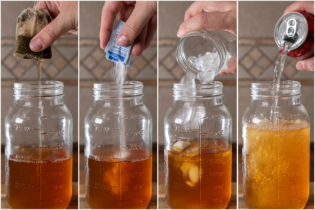 Step-by-step process of making a iced tea drink with a tea bag, sweetener, ice cubes, and soda.