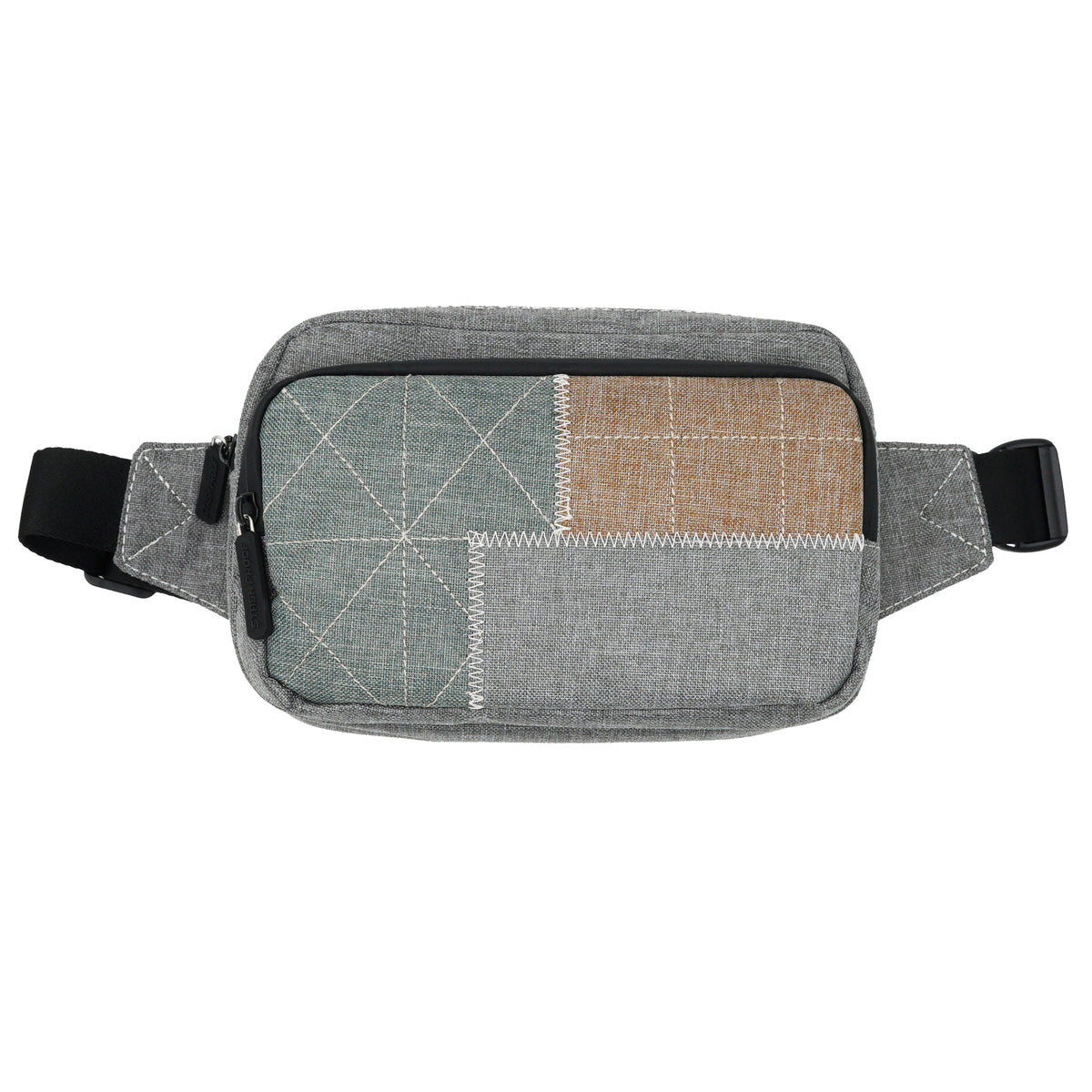 Gray and tan Patch smell-proof crossbody bag shown from the front