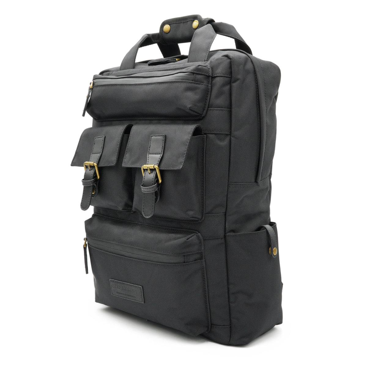 Angled view of the black Stash Proof Runner smell-proof backpack with front pockets and brass hardware