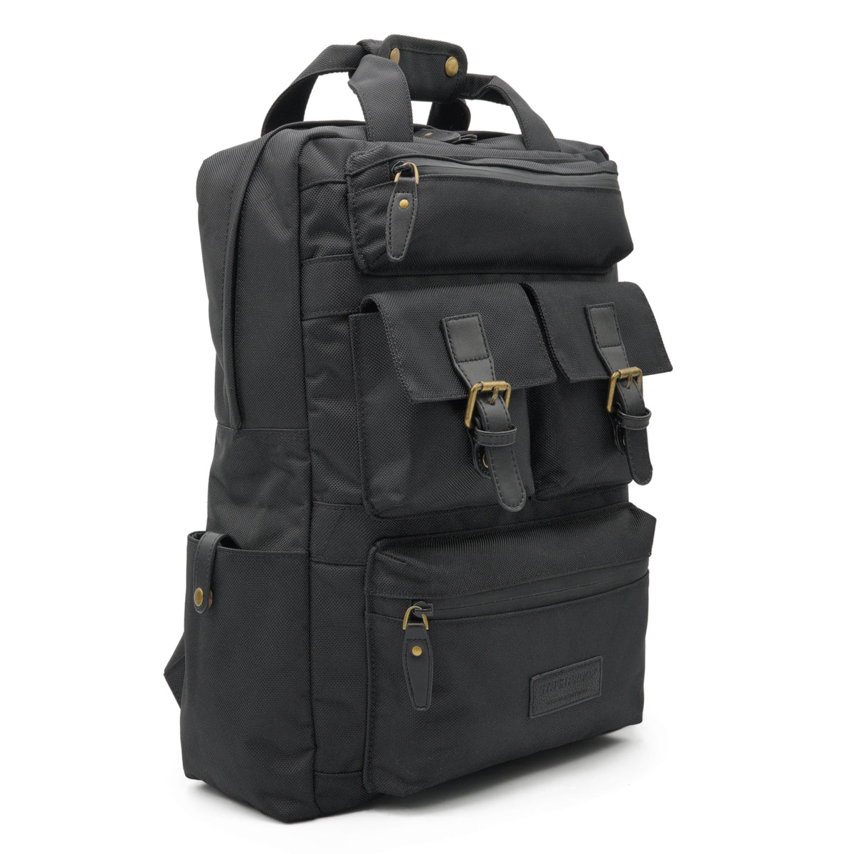 Black Runner backpack angled to show its front pockets, buckle closures, zipper, and brass hardware
