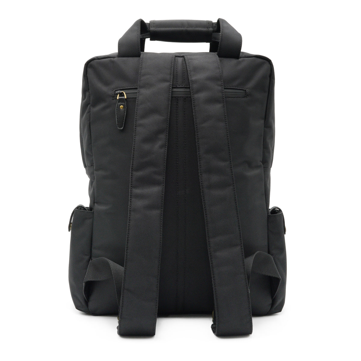 Back view of the black Runner backpack showing adjustable padded shoulder straps, top handle, and concealed rear pocket