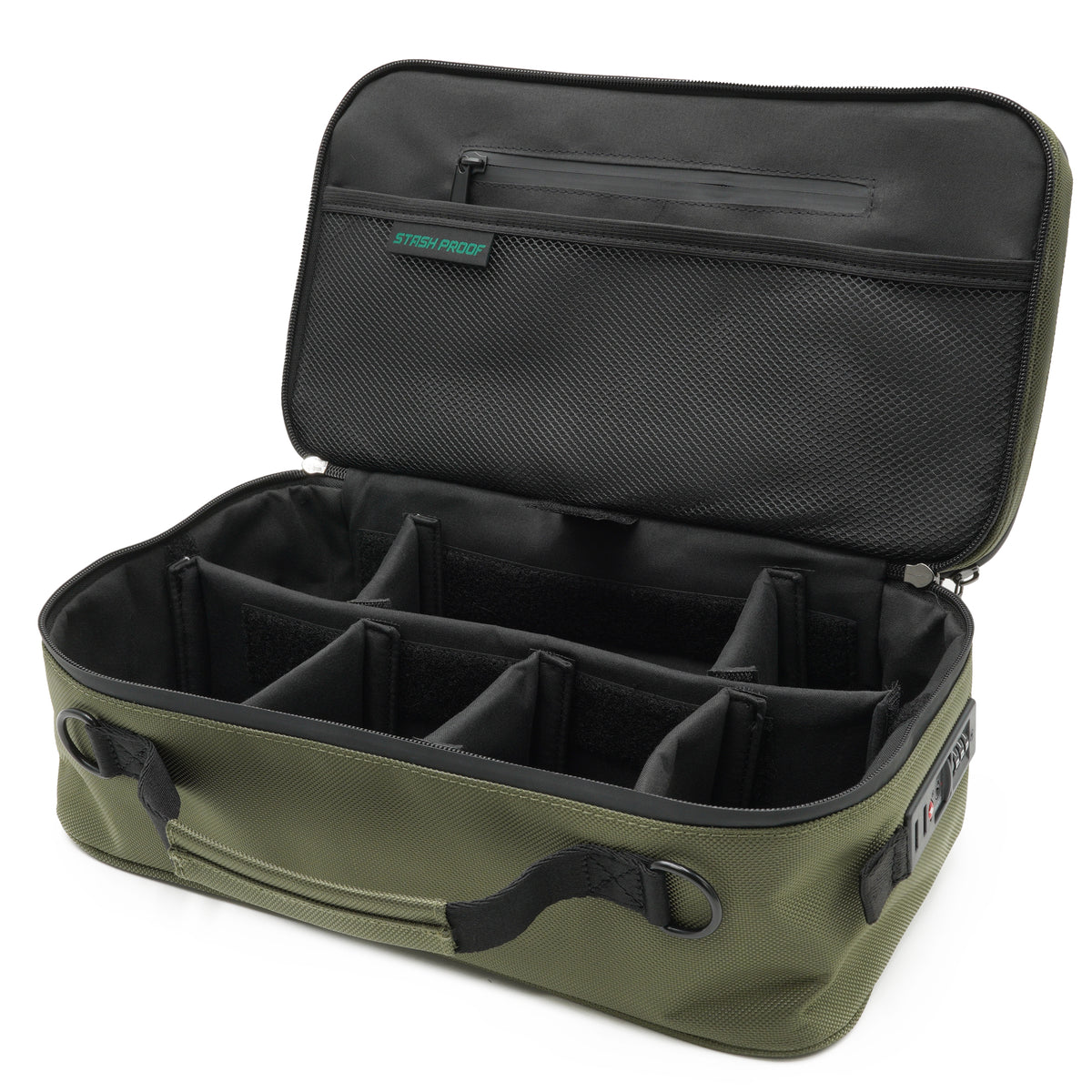 Open Stash Box showing six removable and adjustable padded dividers