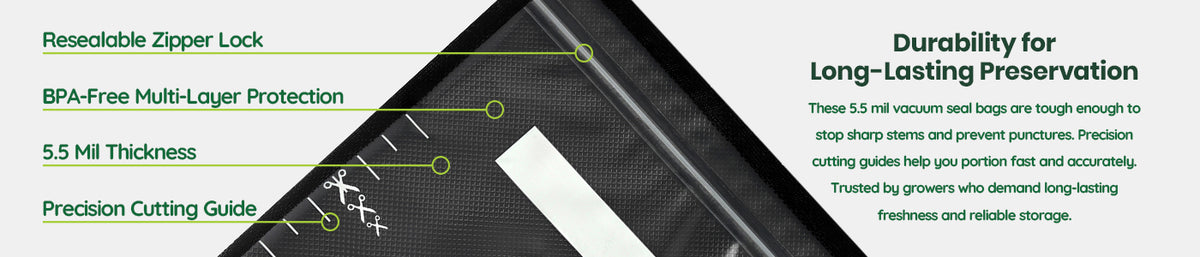 8 by 12 zipper vacuum seal bag with text detailing features like resealable zipper lock, BPA-free multi-layer protection, durability for long-lasting preservation, precision cutting guide, and 5.5 mil thickness.
