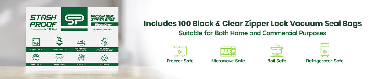 8 by 12 Box of zipper vacuum seal bags with branding and product features on a white background