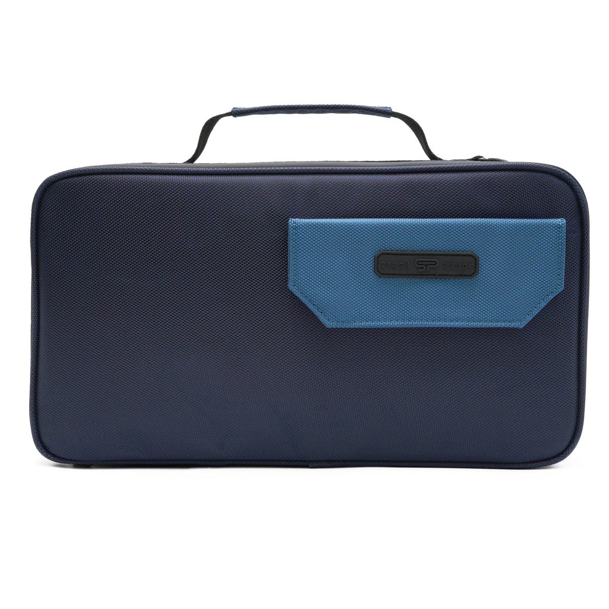 Navy and light blue Stash Proof storage case with black hardware and a built-in combination lock