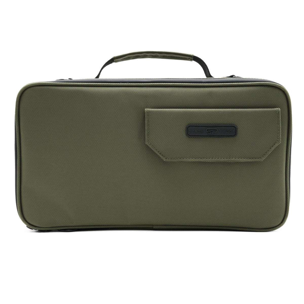 Olive green Stash Proof storage case with black hardware and a built-in combination lock