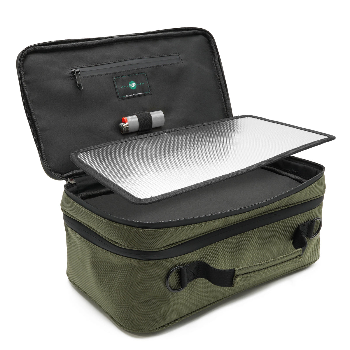 Open Stash Box showing the reflective removable tray and interior storage pockets