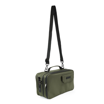 Green Stash Box with a black strap on a white background