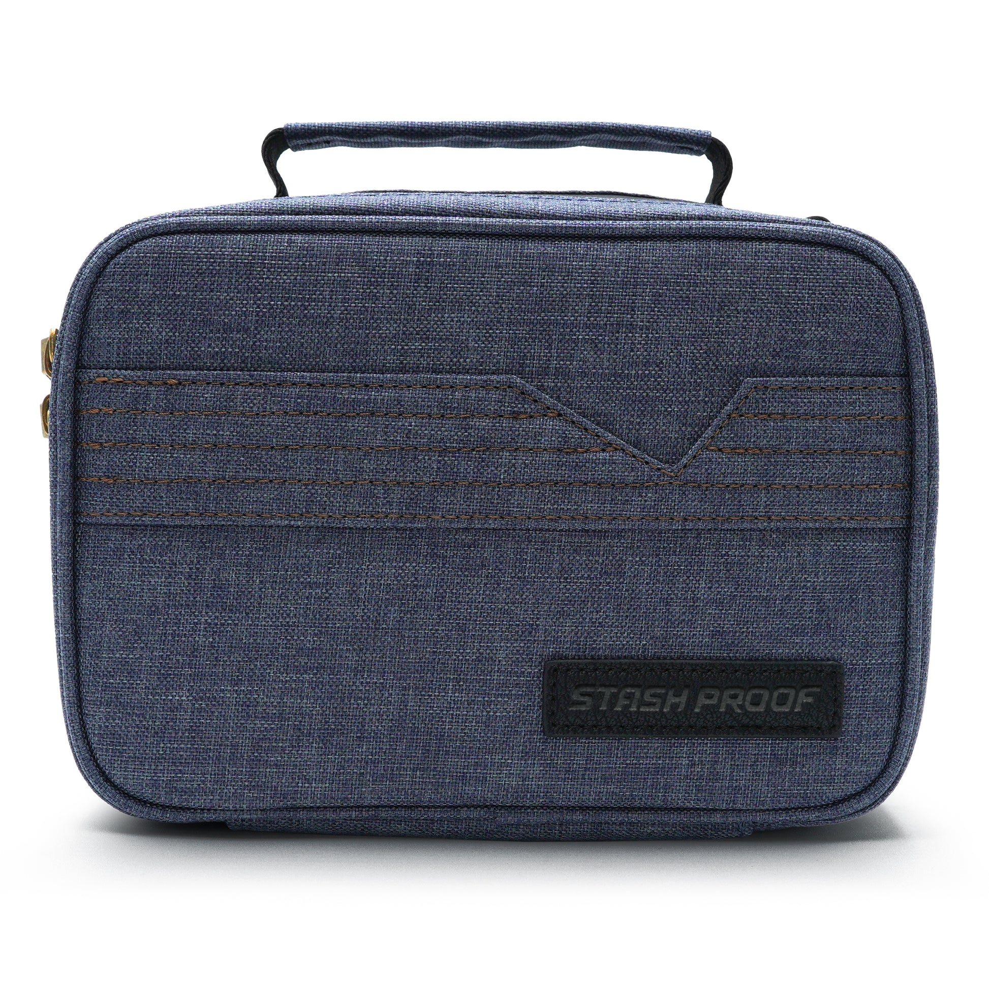 Blue textured Stash Pack  rectangular bag with a black patch on a white background