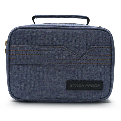 Blue textured Stash Pack  rectangular bag with a black patch on a white background