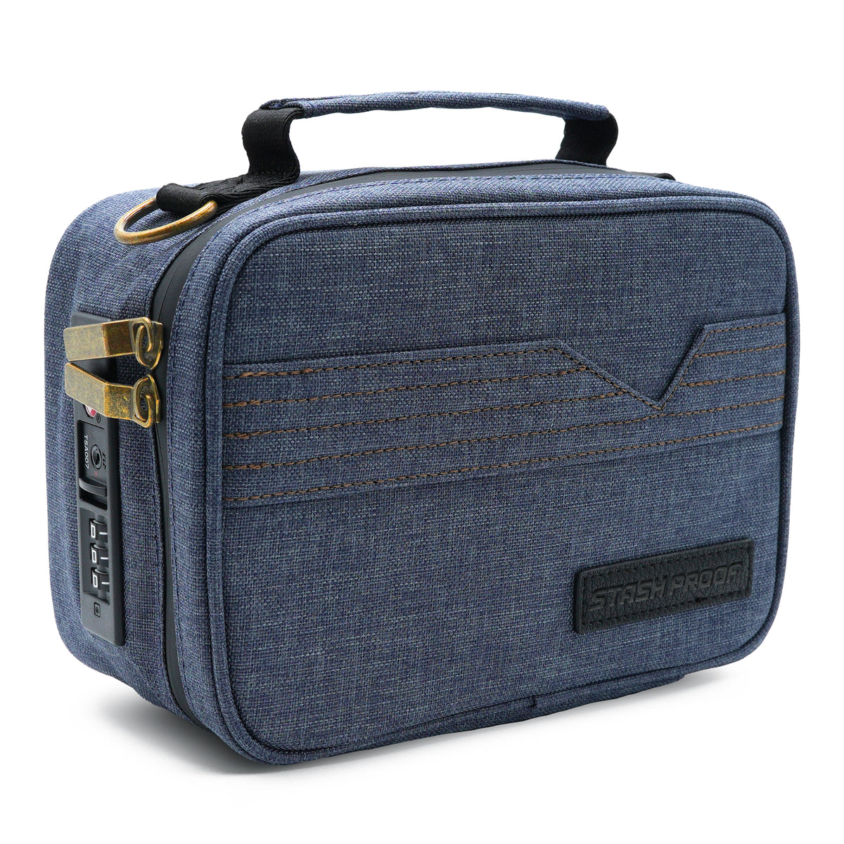 Denim blue Stash Pack compact storage case with brass hardware and a built-in combination lock