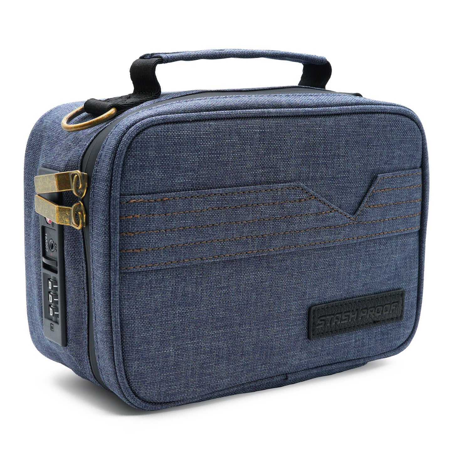 Blue textured Stash Pack crossbody with gold accents on a white background