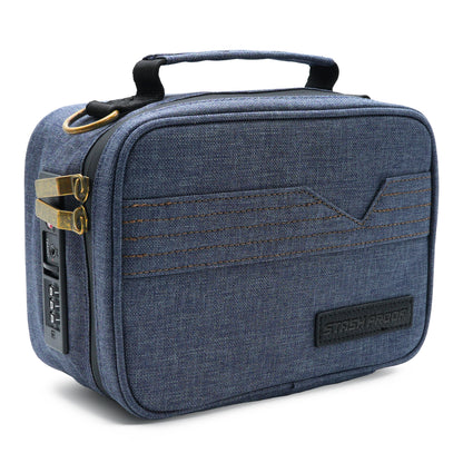 Blue textured Stash Pack crossbody with gold accents on a white background