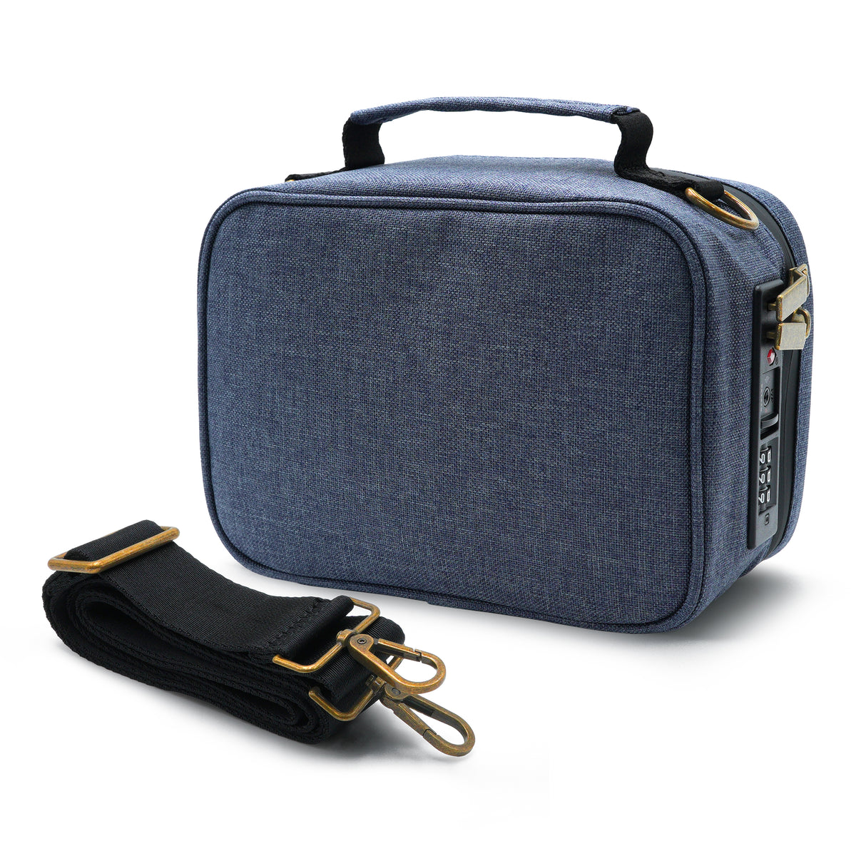 Denim blue Stash Pack storage case with its detachable shoulder strap placed beside it