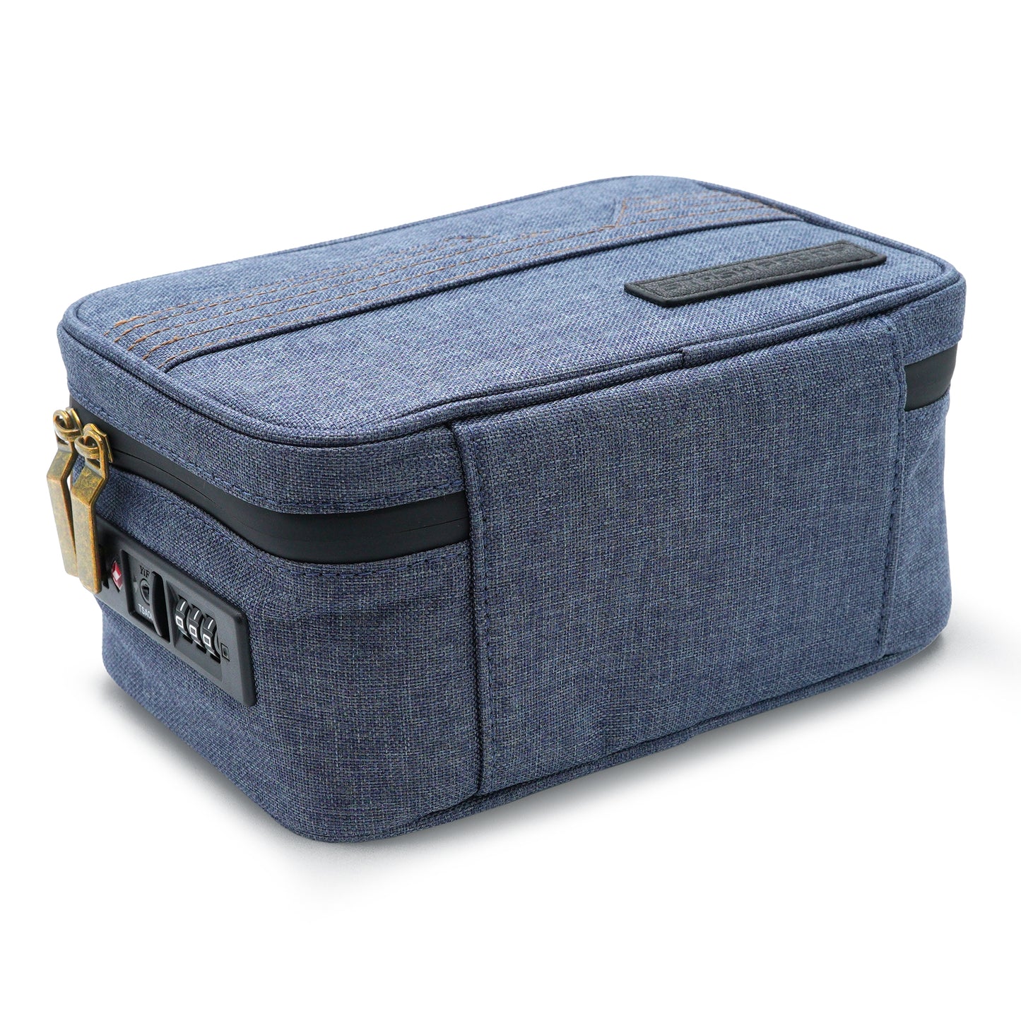 Blue textured Stash Pack  toiletry bag with black zipper on a white background