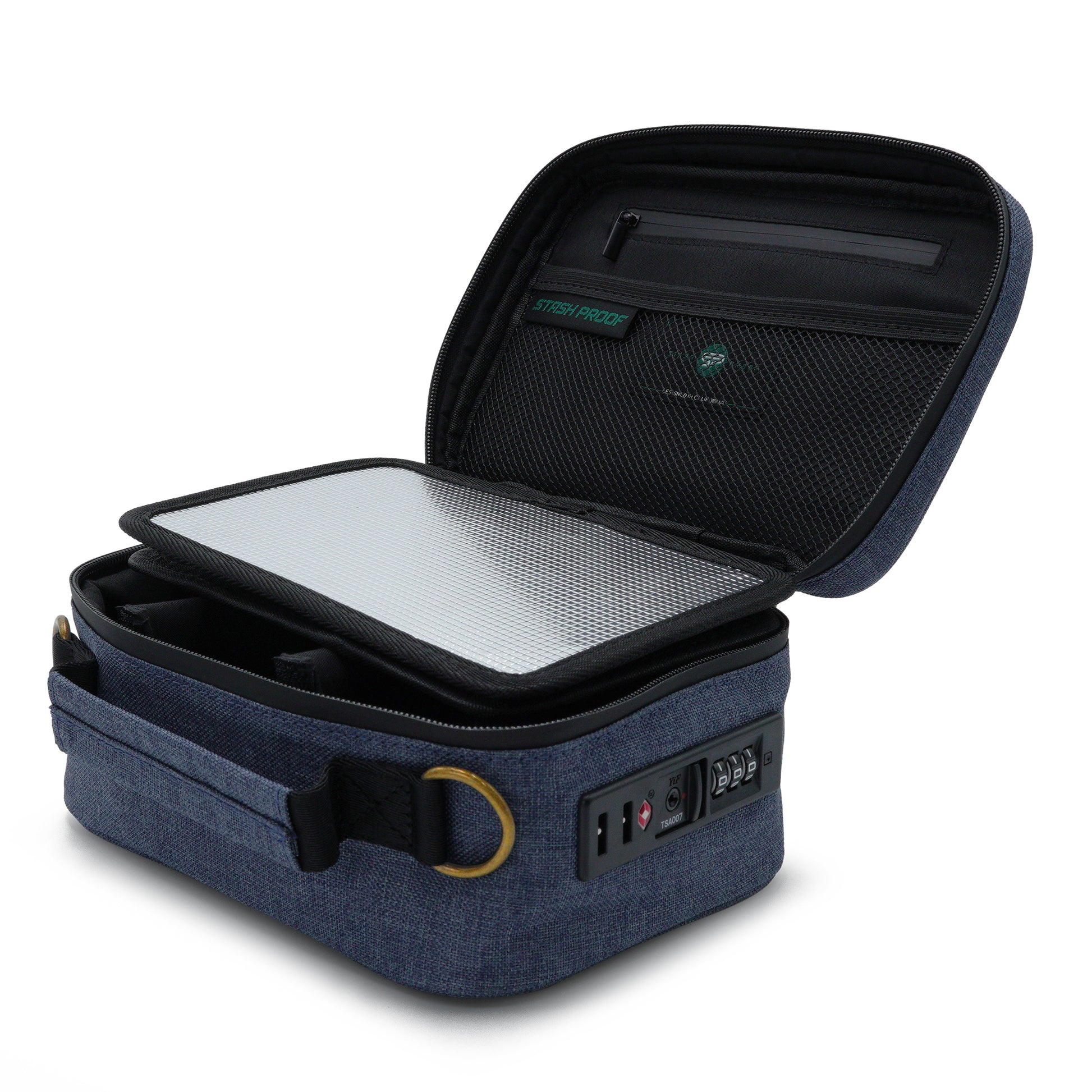Blue Stash Pack  travel case with open lid on a white background