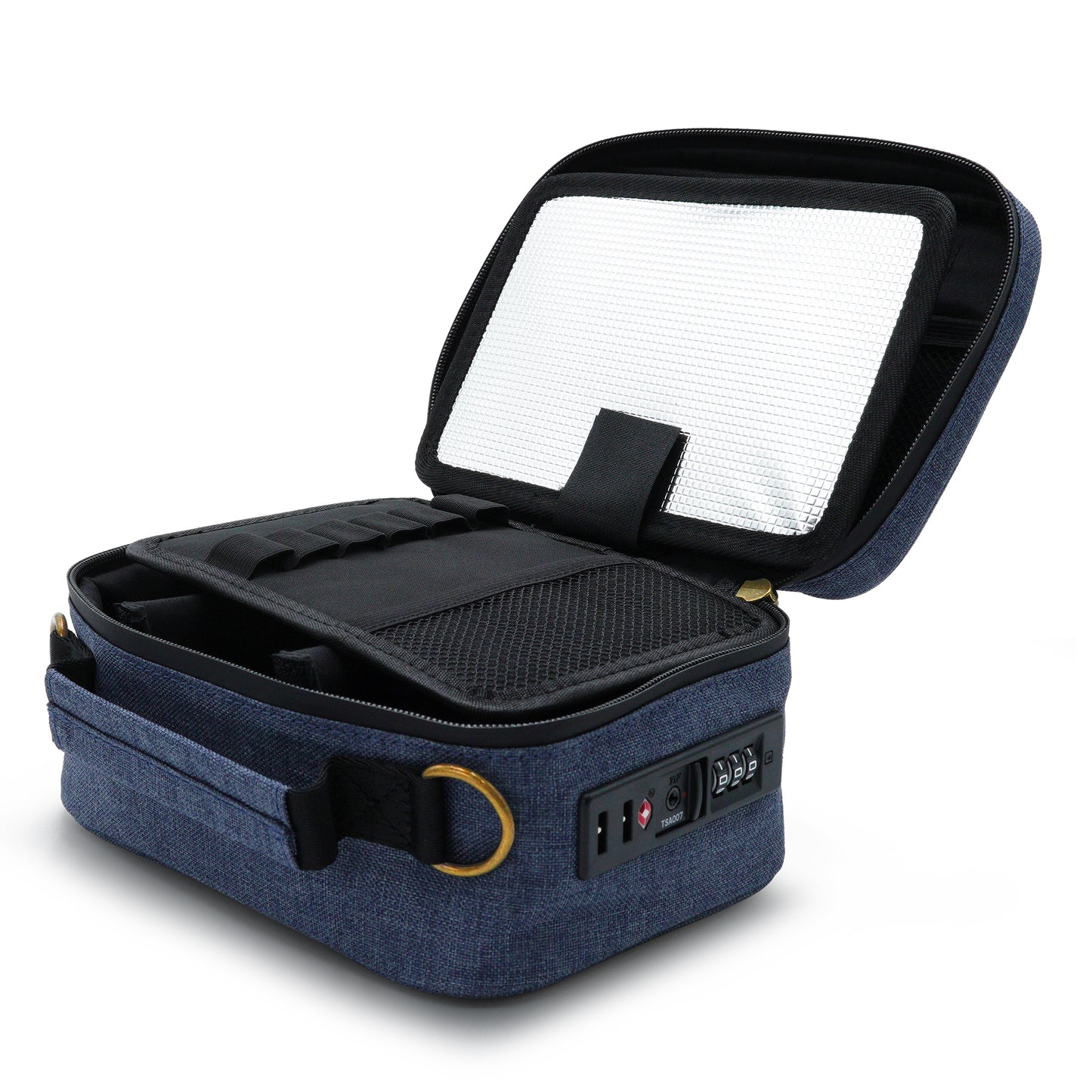 Blue Stash Pack carrying case with open lid showing a white filter inside on a white background