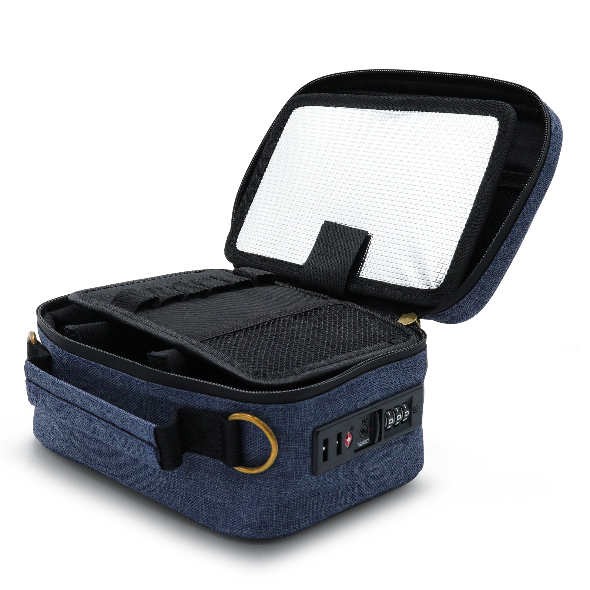 Blue Stash Pack carrying case with open lid showing a white filter inside on a white background