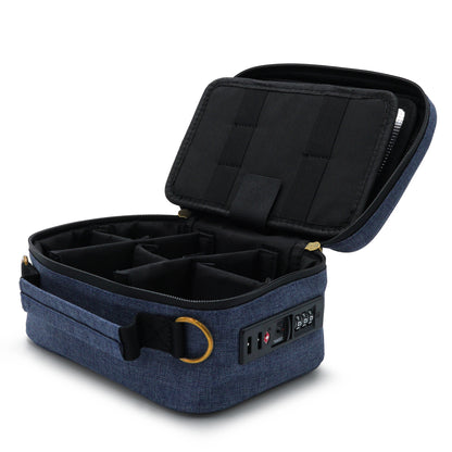 Blue Stash Pack travel case with compartments on a white background