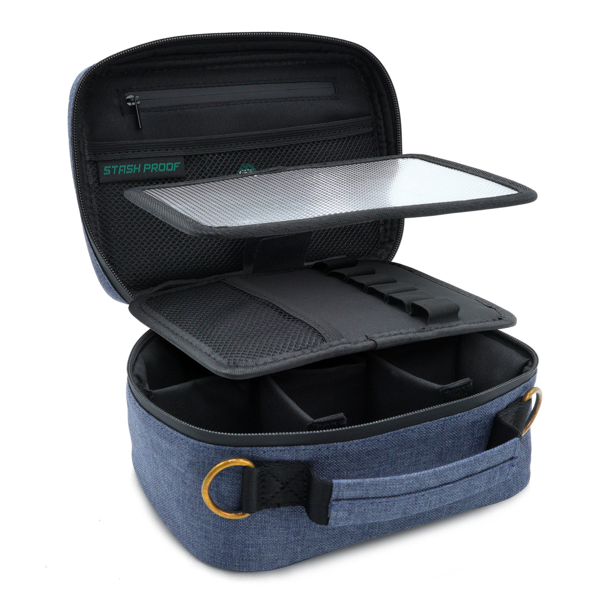 Open denim blue Stash Pack showing the detachable reflective tray, removable gear panel, pockets, and adjustable dividers